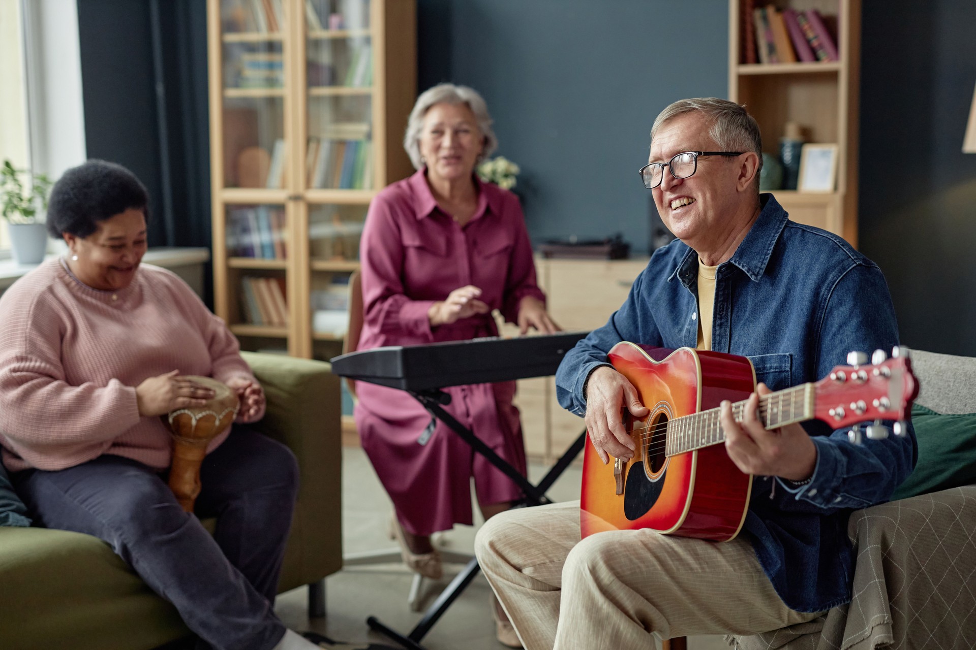 Group of Joyful Mature People Playing Music